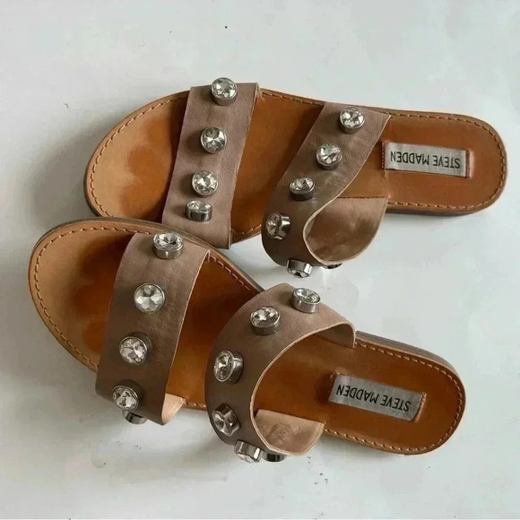 Steve Madden Jessy Rhinestones double strap slip on Leather Tan Sandals… - Picture 2 of 9